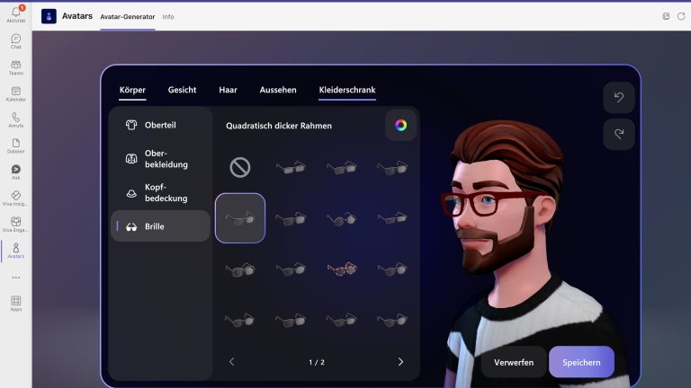 Screenshot von MS Teams, in dem gerade ein Avatar erstellt wird.