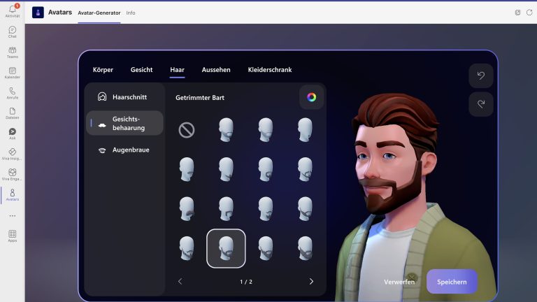 Screenshot von MS Teams, in dem gerade ein Avatar erstellt wird.