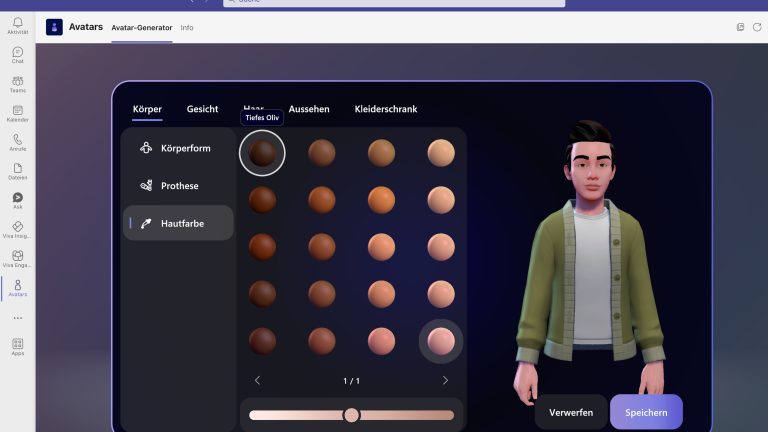 Screenshot von MS Teams, in dem gerade ein Avatar erstellt wird.