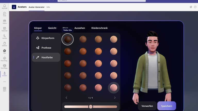 Screenshot von MS Teams, in dem gerade ein Avatar erstellt wird.