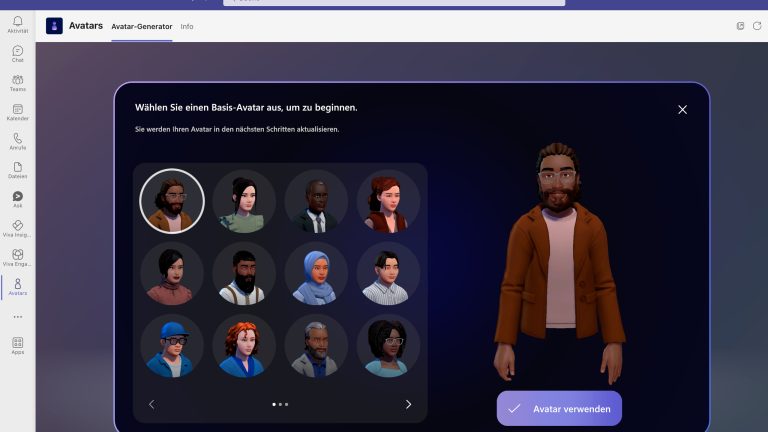 Screenshot von MS Teams, in dem gerade der Avatar-Generator geöffnet ist.