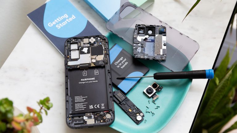 Ein zerlegtes Fairphone 5 samt der ausgebauten Module liegt in einer Deko-Schale.