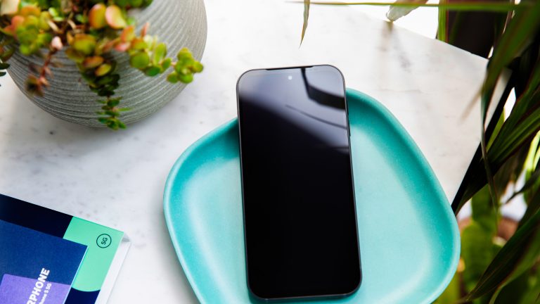 Ein ausgeschaltetes Fairphone 5 schlummert in einer Deko-Schale.