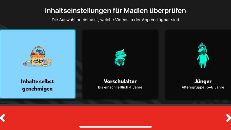 Die Inhaltseinstellungen von YouTube Kids am Beispiel eines Kindes.