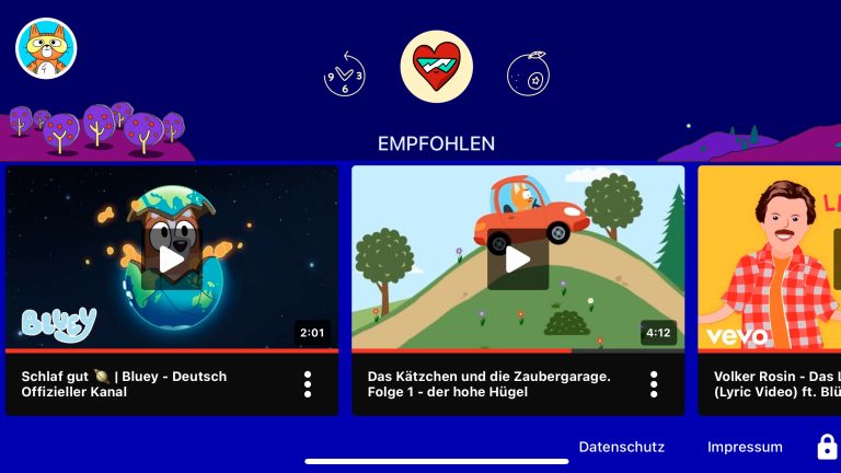 Startseite von YouTube Kids mit eingeblendeten Empfehlungen.