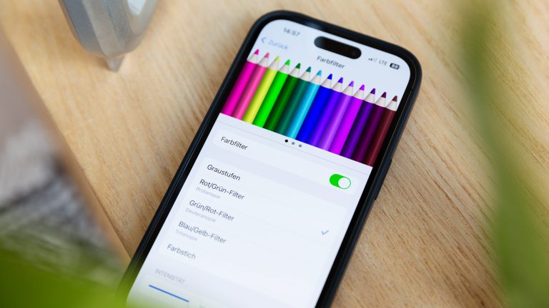 Auf einem iPhone sind die Optionen für Farbfilter geöffnet.