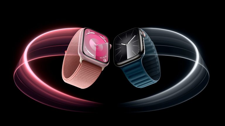 Die Apple Watch Series 9 in Rosé und Mitternacht auf einem Produktfoto.