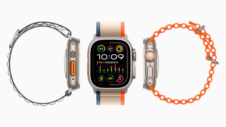 Front- sowie beide Seitenansichten der neuen Apple Watch Ultra 2 mit verschiedenen Armbändern.
