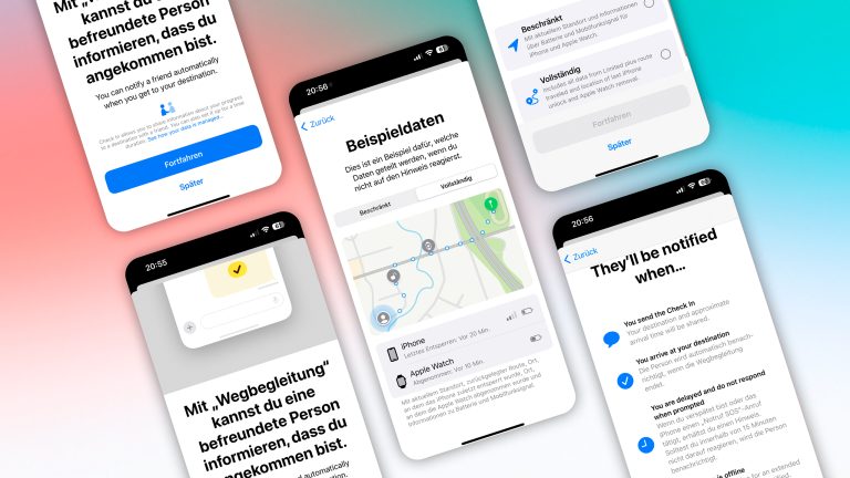 Screenshots der Einrichtung der Funktion Wegbegleitung unter iOS 17.