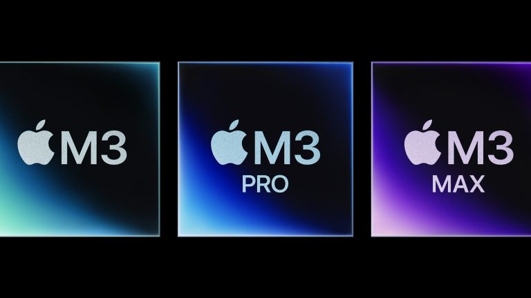 Bild von den drei Chipsatz-Logos für die M3-Chipsätze von Apple.