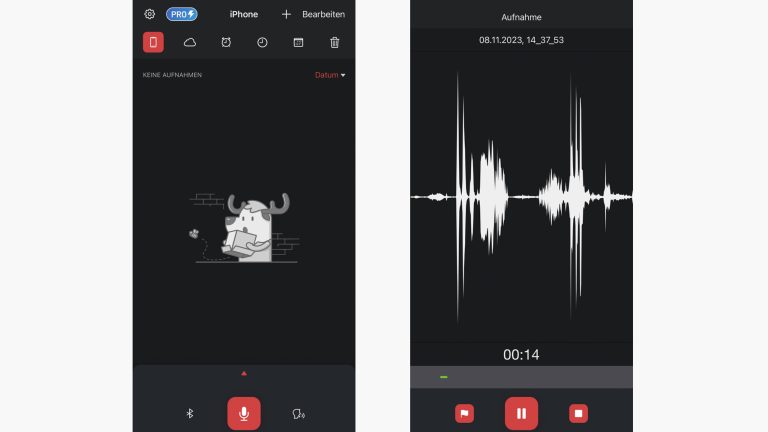 Screenshots der App Diktierger&auml;t Pro auf einem iPhone.