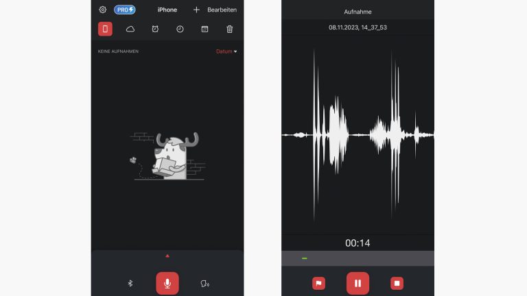 Screenshots der App Diktiergerät Pro auf einem iPhone.