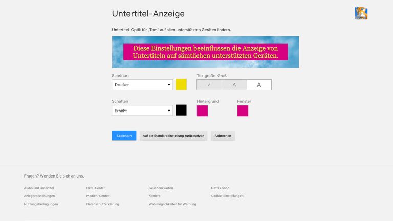 Screenshot der Untertitel-Einstellungen von Netflix im Browser.