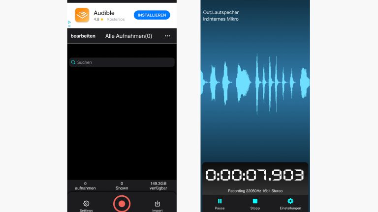 Screenshots von Recorder Plus auf einem iPhone.