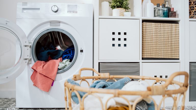Ein Waschtrockner steht neben einem weißen Regal mit Deko. Im Vordergrund steht ein voller Wäschekorb.