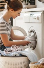 Eine Person nimmt Wäsche aus einer Waschmaschine heraus und legt sie in einen Korb.