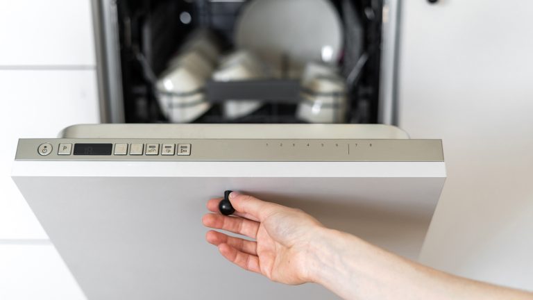 Eine Hand öffnet die Tür eines Geschirrspülers an einem kleinen schwarzen Knopfgriff an der Front der Maschine.