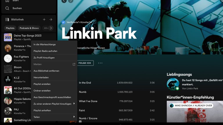 Ein Screenshot des Dashboards von Spotify. Ein Popup zeigt die verschiedenen Auswahlmöglichkeiten zu den Playlists.