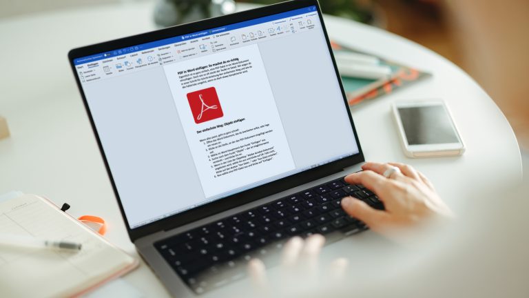 Eine Person sitzt vor einem Laptop und hat dort ein Word-Dokument geöffnet, indem das PDF-Logo zu sehen ist.