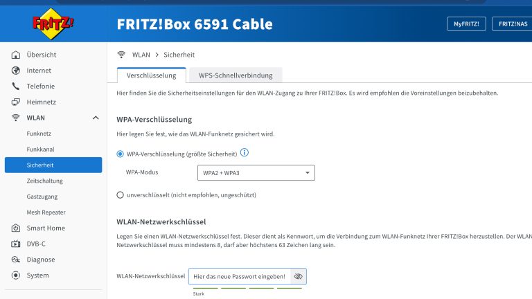 Ein geöffnetes Browserfenster auf der die Bedienoberfläche der Fritzbox zu sehen ist. Unter dem Hauptpunkt “WLAN” ist das Untermenü “Sicherheit” ausgewählt.