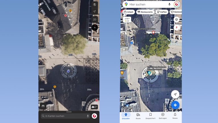 Eine Gegenüberstellung von zwei Screenshots, auf denen die Zeil in Frankfurt zu sehen ist – links auf Apple Maps, rechts auf Google Maps.