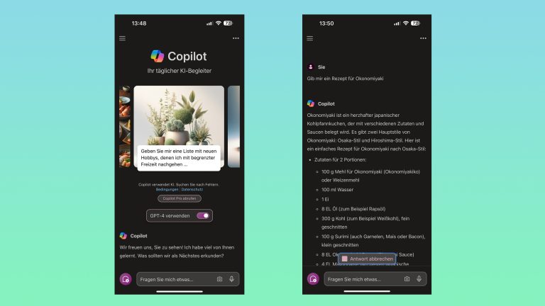Screenshots der Microsoft-Copilot-App auf einem iPhone.