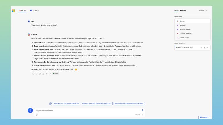 Screenshot des Microsoft Copilot im Browser auf einem PC.