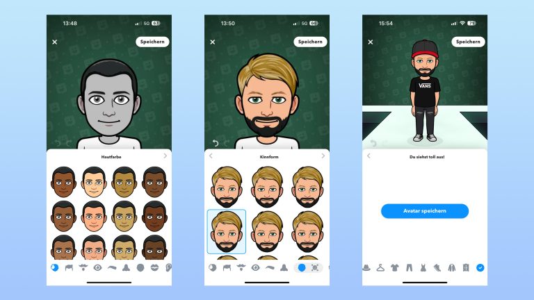 Drei Screenshots von der Bitmoji-Erstellung in der App.