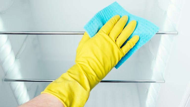 Eine Hand in einem gelben Gummihandschuh wischt die Ablageflächen in einem Kühlschrank mit einem blauen Schwammtuch. 
