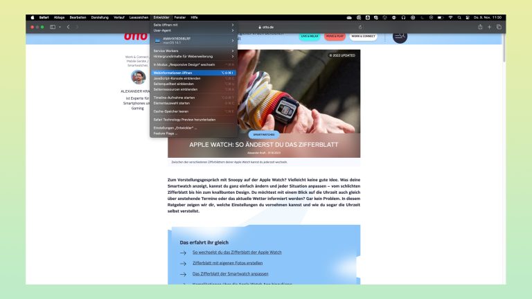 Screenshot der Entwickler-Optionen in Safari auf dem Mac.