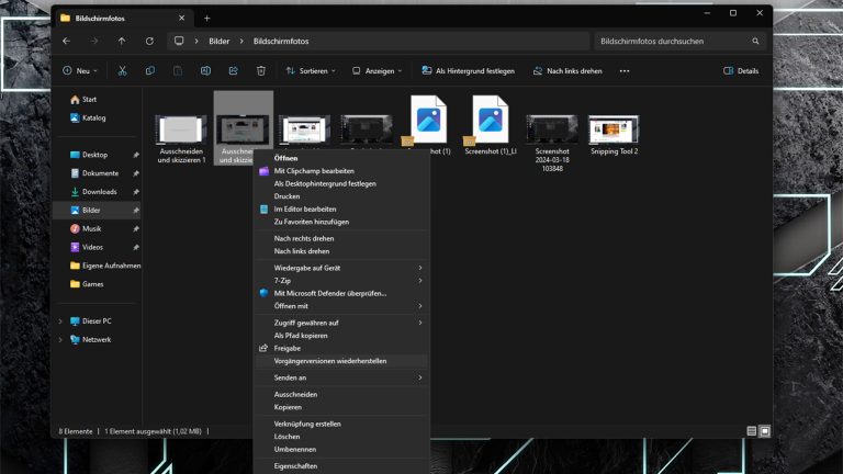 Screenshot von einem Dateiordner, bei dem das Menü zum Wiederherstellen der Vorgängerversion zu sehen ist.