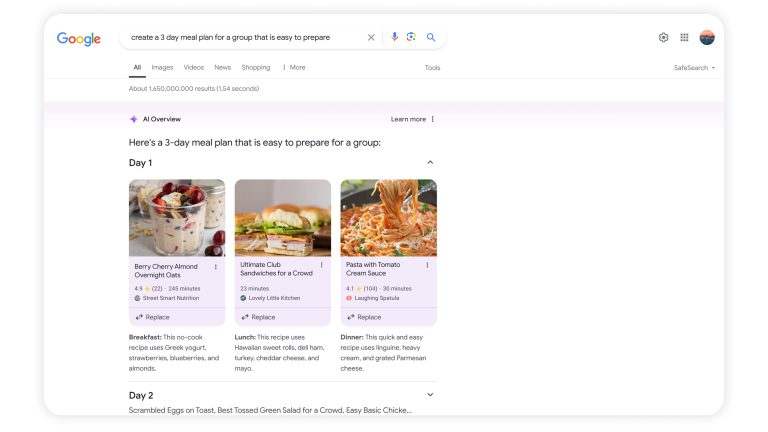 Ein Screenshot der AI Overview auf dem Desktop, mit einer Suchanfrage für eine Mahlzeit.