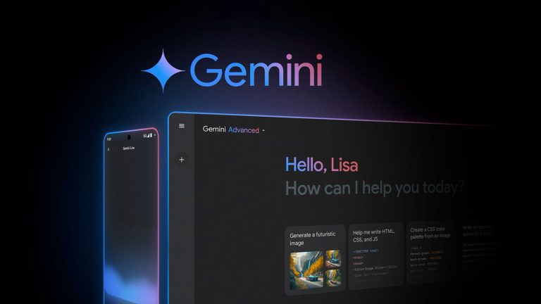 Produktbild von Google Gemini mit Screenshots vom Smartphone und Desktop.