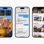 Drei Screenshots von iOS 18, die den Homescreen, Nachrichten und Fotos zeigen.