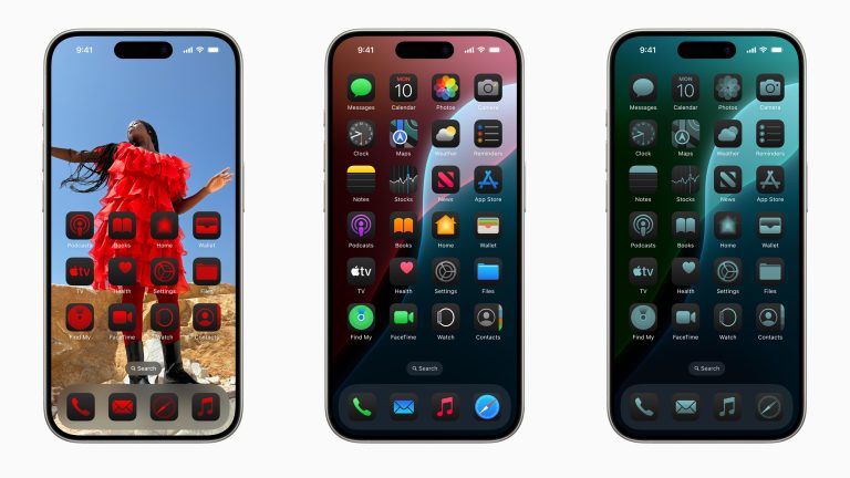 Drei Screenshots von der neuen Homescreen-Personalisierung unter iOS 18.