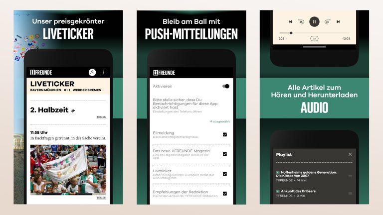 Drei Screenshots aus der 11Freunde-App.