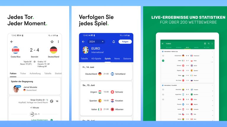 Drei Screenshots aus der FotMob-App.