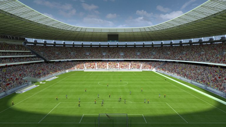 Blick in ein großes Fußballstadion.