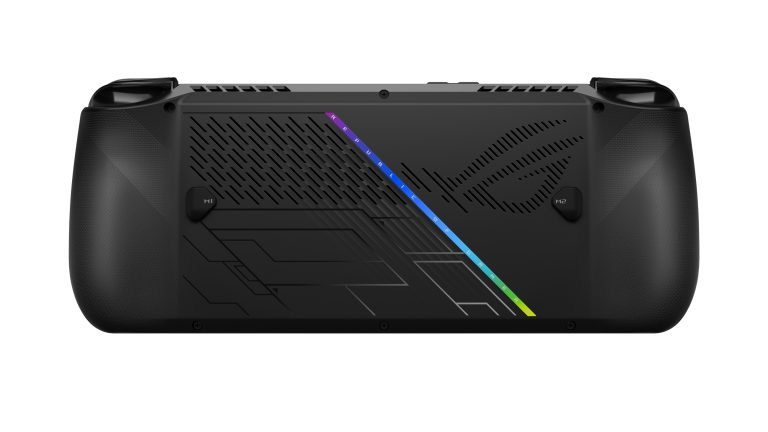 ROG Ally X, Pro-Variante des Handheld ist da Rückansicht des schwarzen ROG Ally X auf weißem Grund.