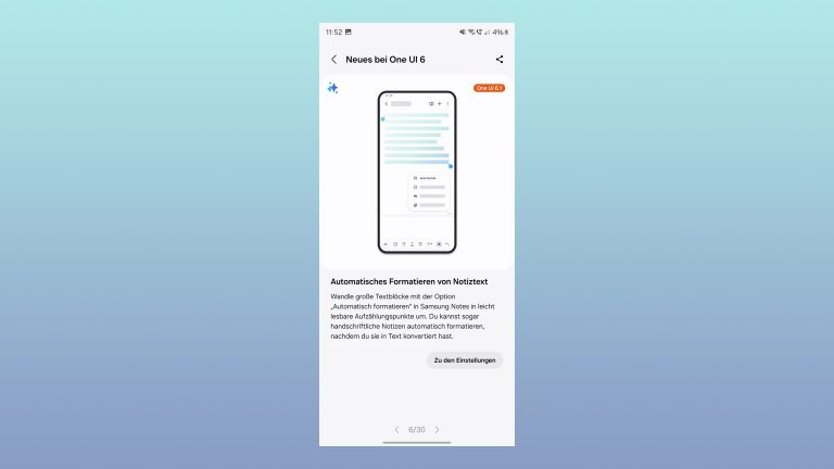 Screenshot der Neuheiten-Übersicht unter One UI 6.
