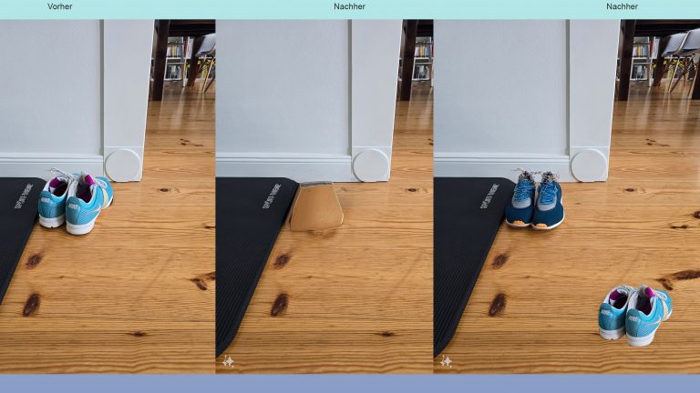 Drei Bilder, auf einem sind Schuhe zu sehen, auf dem zweiten Bild sind sie weg. Auf dem dritten Bild sind die Schuhe an anderer Stelle und neue Schuhe sind erschienen.
