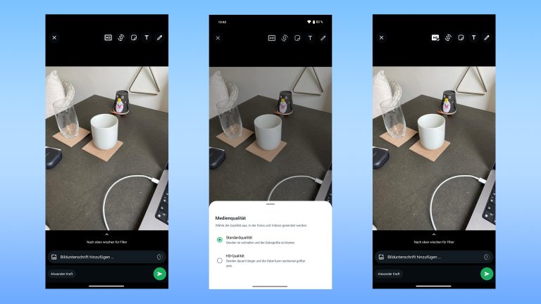 Screenshots vom Versenden eines Fotos, f&uuml;r das die hohe Qualit&auml;t eingestellt wird.
