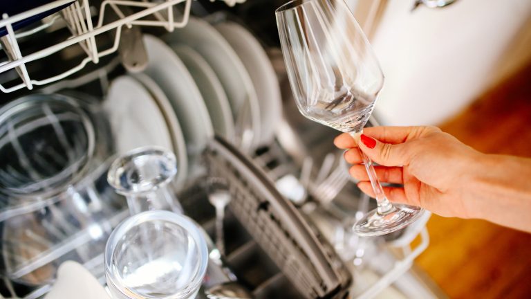 Eine Person h&auml;lt ein Glas in der Hand, das sie anscheinend aus der Sp&uuml;lmaschine im Hintergrund genommen hat.