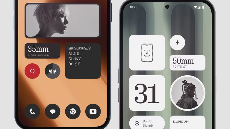Zwei Nothing Phone (2a) Plus Bildschirme mit verschiedenen Widgets.