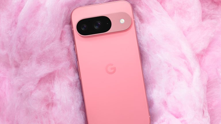 Ein pinkes Pixel 9 liegt auf einem Untergrund aus gleichfarbiger Zuckerwatte.