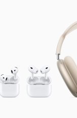AirPods 2024, Die neue Audio-Generation Verschiedene AirPods-Modelle nebeneinander. AirPods 4 im Case, AirPods 4 halb im Case, AirPods Pro 2 über dem Case, AirPods Max 2.