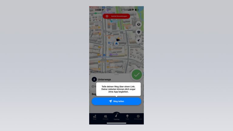 Ansicht der ge&ouml;ffneten KommGutHeim-App und des Buttons &bdquo;Weg teilen&ldquo;.