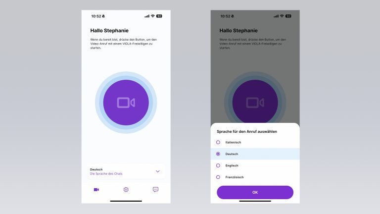 Ansicht der ge&ouml;ffneten VIOLA-App inklusive Sprachauswahl.