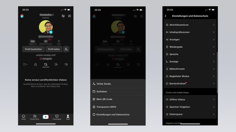 TikTok begleiteter Modus, So schützt du deine Kinder Screenshots von einem Profil und den Einstellungen von TikTok.