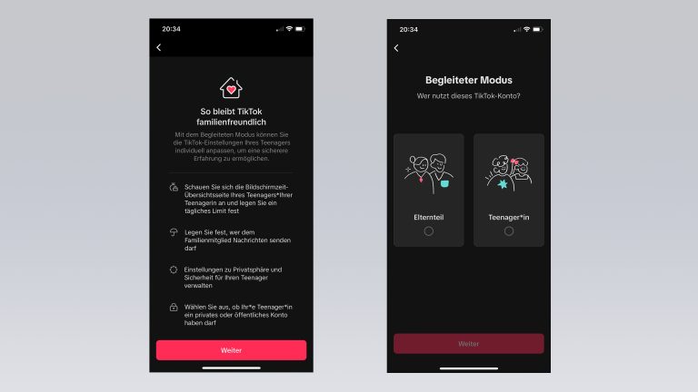 TikTok begleiteter Modus, So schützt du deine Kinder Screenshots der Einrichtung des begleiteten Modus bei TikTok.